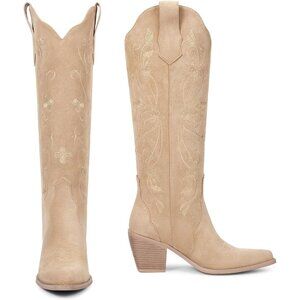 Women's Apricot Cowboy Boots Knee High Comfort Vintage Floral Embroidery